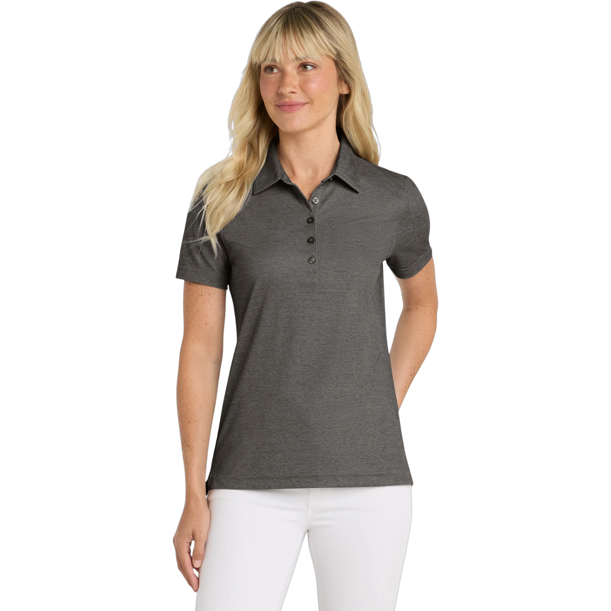 TravisMathew Women's Oceanside Heather Polo in Black Heather — custom branded by Motive
