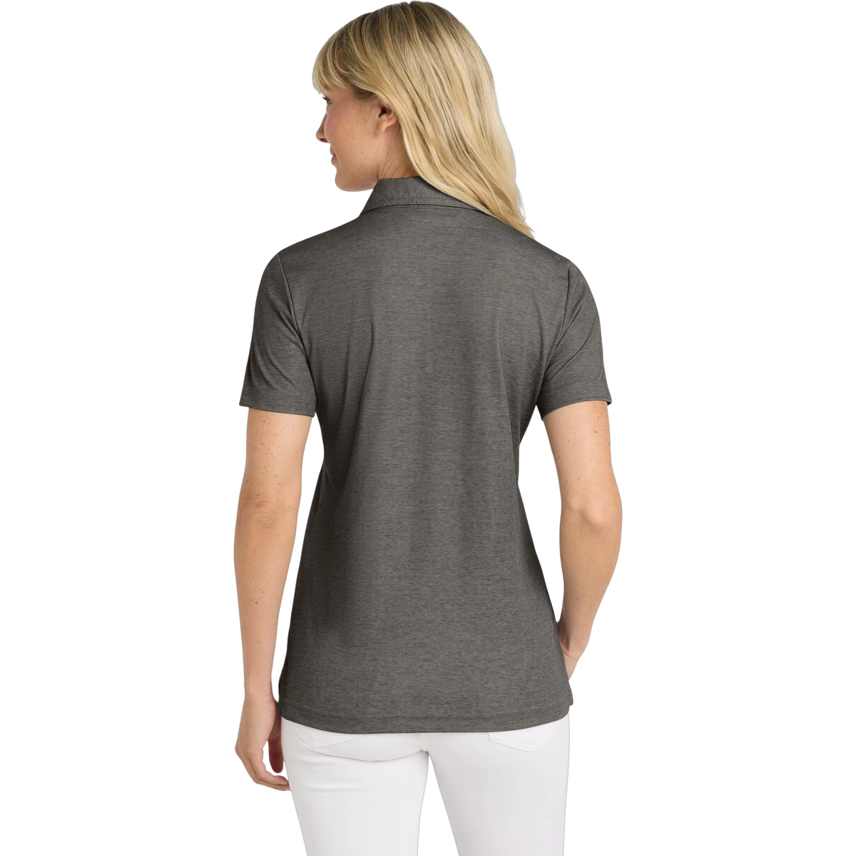 TravisMathew Women's Oceanside Heather Polo in Black Heather — custom branded by Motive