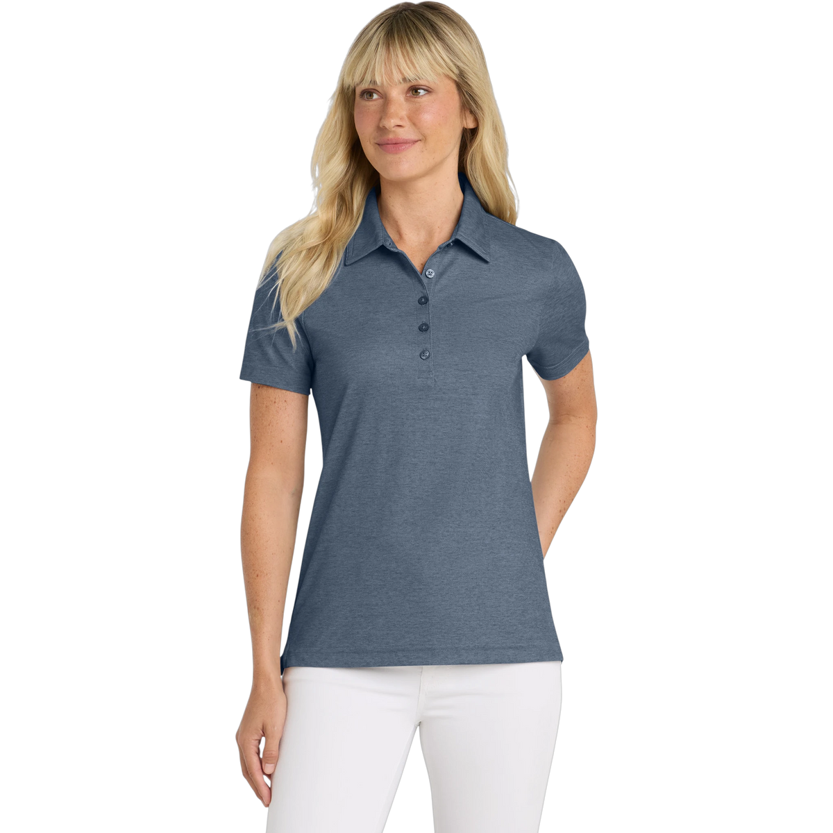TravisMathew Women's Oceanside Heather Polo in Blue Nights Heather — custom branded by Motive