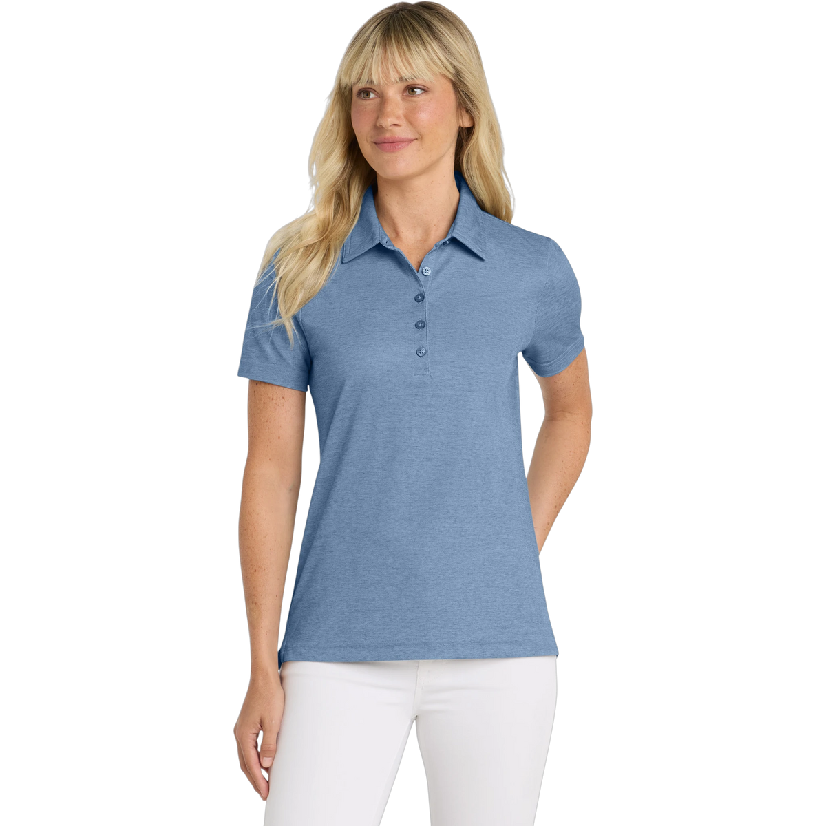 TravisMathew Women's Oceanside Heather Polo in Classic Blue Heather — custom branded by Motive
