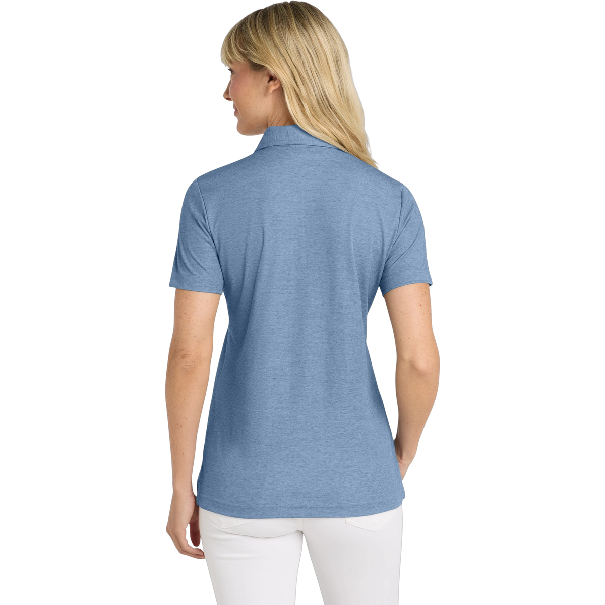 TravisMathew Women's Oceanside Heather Polo in Classic Blue Heather — custom branded by Motive