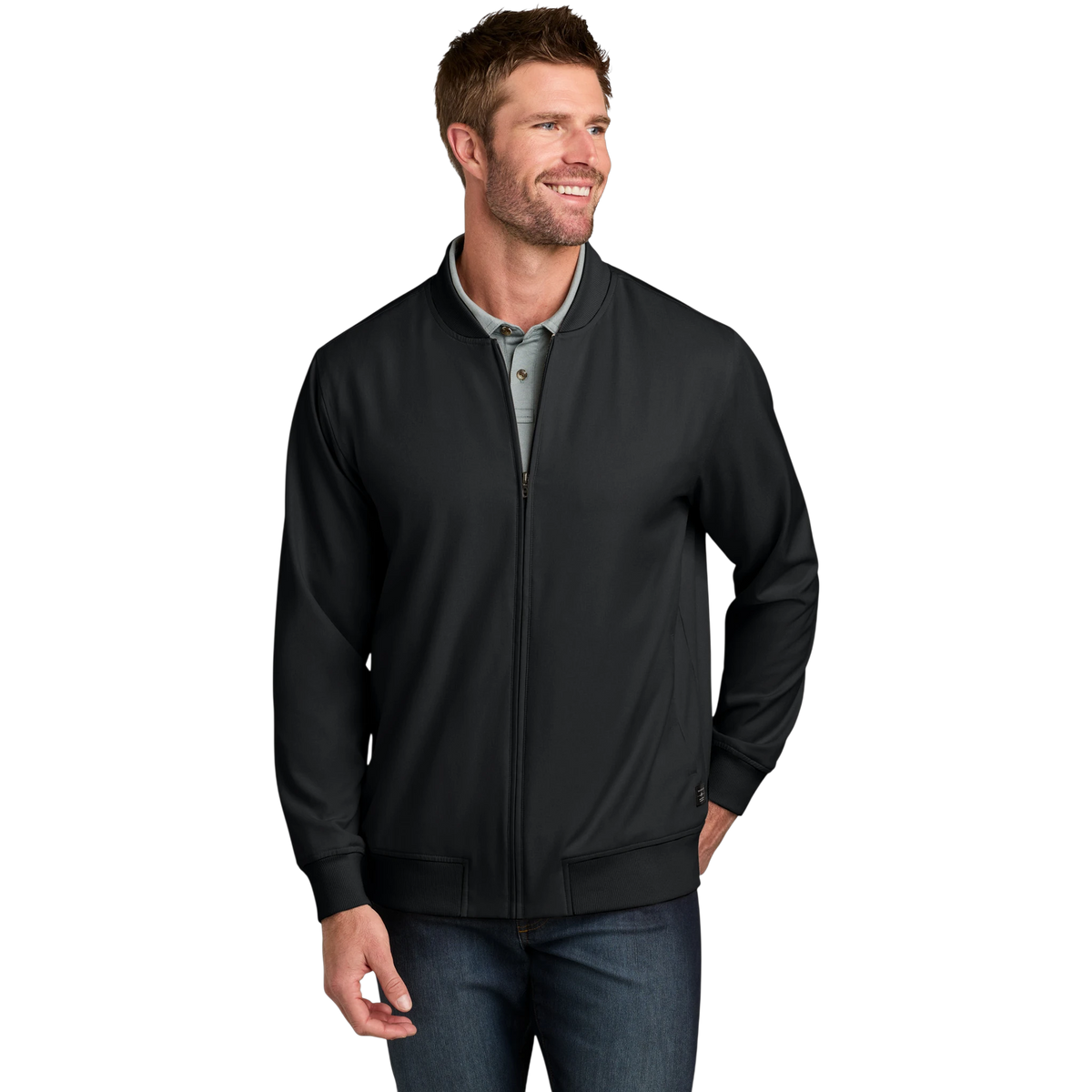 TravisMathew Bomber Jacket in Black — custom branded by Motive