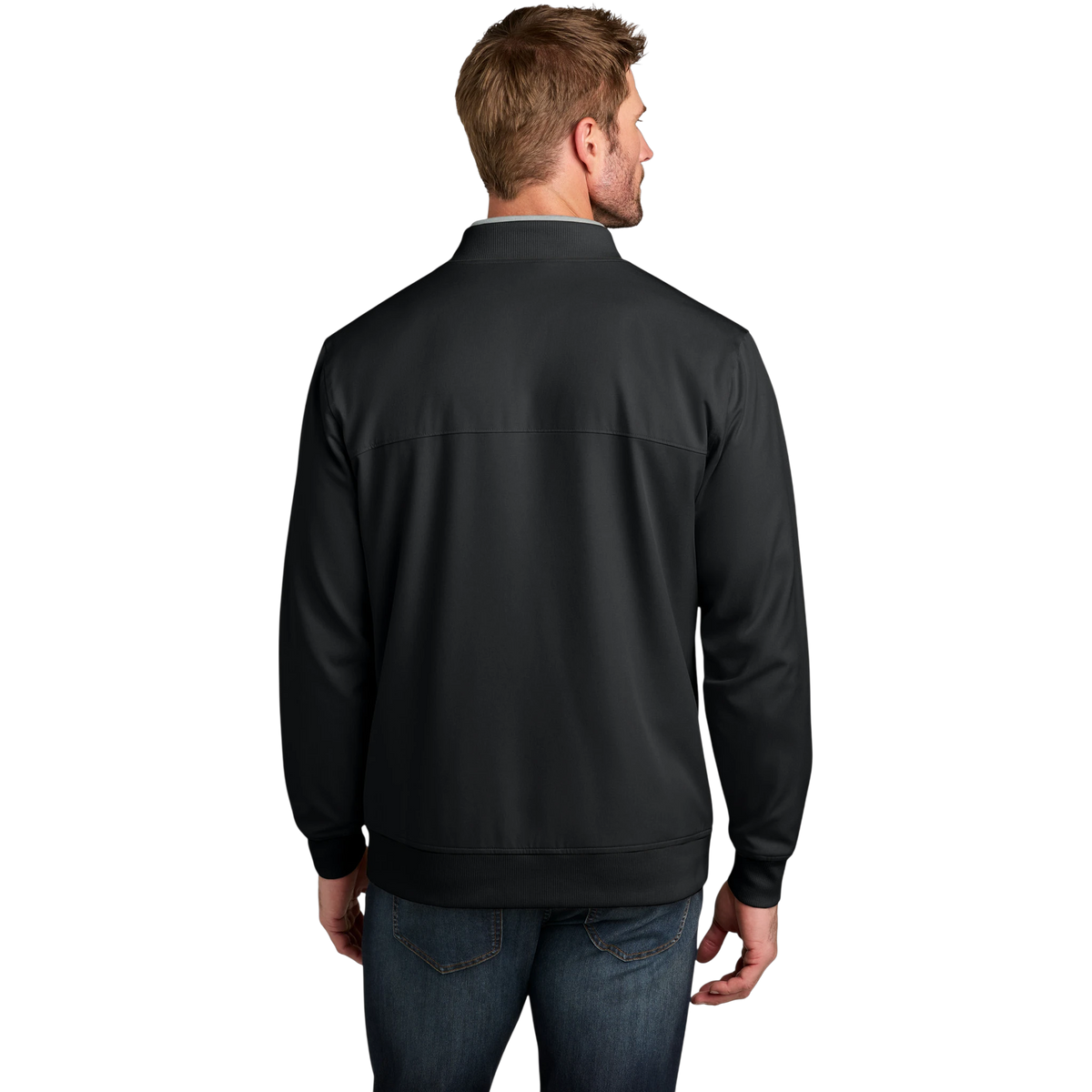 TravisMathew Bomber Jacket in Black — custom branded by Motive