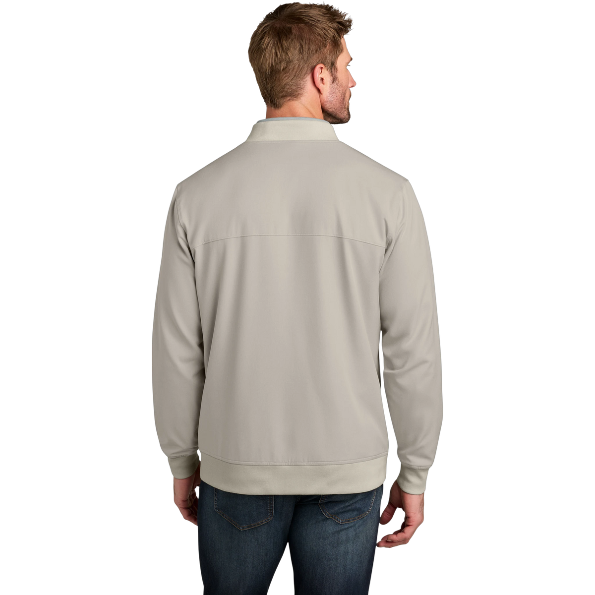 TravisMathew Bomber Jacket in Italian Sand — custom branded by Motive