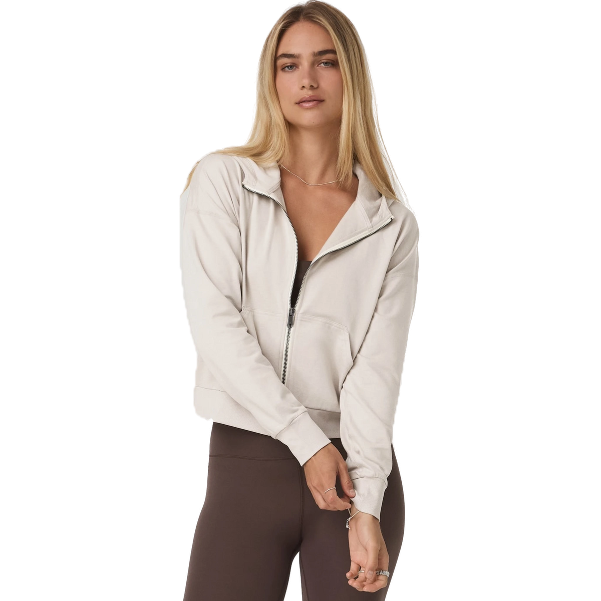 Vuori Women's Halo Modern Full Zip Hoodie in Ecru Heather